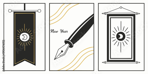 Elegant New Year Poster Set – Crescent Moon Banners, Fountain Pen Illustration, Gold‑Black Geometric Celebration Design