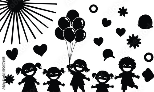 Silhouette vector art of five happy children standing together with balloons hearts flowers and sun rays on white background cheerful joyful scene