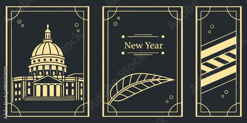 Art Deco New Year Poster Set – Gold Architectural Dome Illustration, Geometric Celebration Panel, Elegant Black‑Gold Vintage Holiday Design
