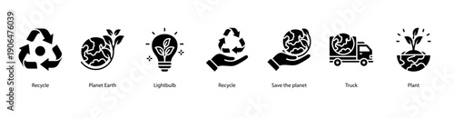 Environmental Responsibility web banner illustration featuring Recycle, Planet Earth, Lightbulb, Recycle, Save the planet, Truck, and Plant.