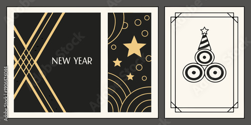 Modern New Year Card Set – Black‑Gold Geometric Panel with Stars and Minimal Festive Icon Illustration for Elegant Holiday Celebration Designs
