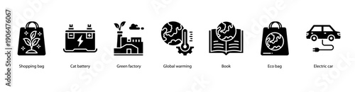 Green Innovation web banner illustration featuring Shopping bag, Cat battery, Green factory, Global warming, Book, Eco bag, and Electric car.