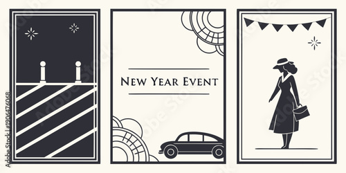 Minimal New Year Event Poster Set – Black‑White Geometric Panels, Vintage Car Illustration, Silhouette Under Festive Flags, Elegant Celebration Design