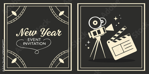 Cinematic New Year Event Invitation – Retro Film Camera Illustration, Elegant Black‑Gold Festive Design for Holiday Celebrations
