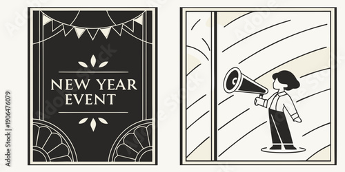 Modern New Year Event Announcement Design – Festive Poster with Pennant Banners, Megaphone Illustration, Elegant Black‑Gold Celebration Artwork