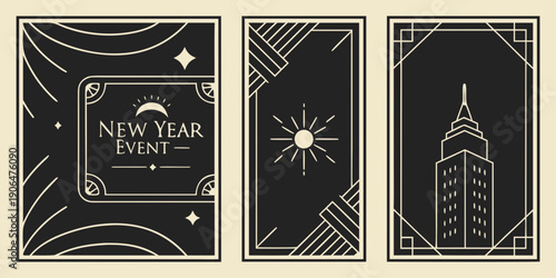 Art Deco New Year Event Poster Set – Vintage Geometric Panels, Sunburst Design, Skyscraper Illustration, Elegant Black‑Gold Holiday Celebration Artwork