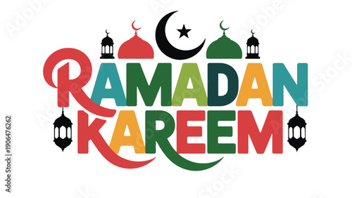 A colorful Ramadan Kareem greeting with mosque domes and lanterns