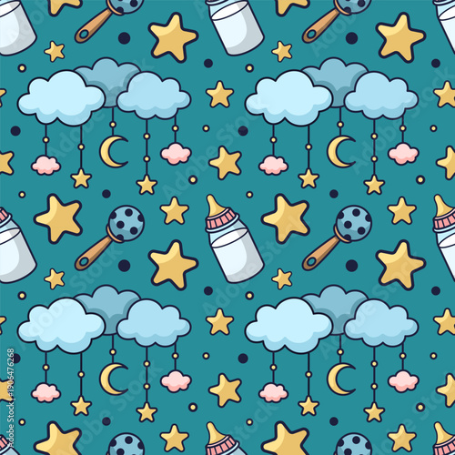 Cute infancy, motherhood theme seamless pattern. Fabric for children clothing design, gender parties, baby shower. Baby theme texture with Mobile, pacifier, milk bottle, rattle, stars. Outline vector