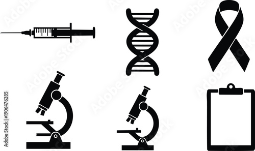 Black medical syringe dna strand microscope ribbon symbol and clipboard icons set in simple flat design on white background for science health and research concepts