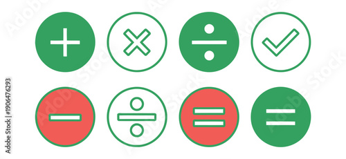 Thin line math symbols and checkmark vector icon set, isolated on transparent background