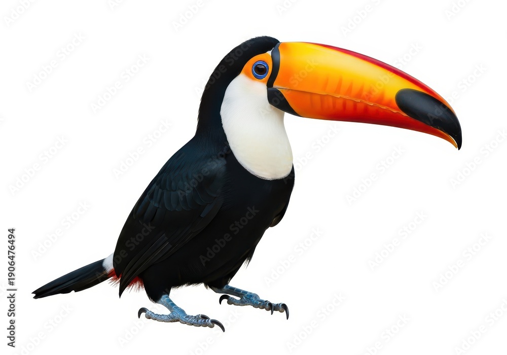 Naklejka premium Tropical bird with a large, colorful bill stands in profile against a white background.