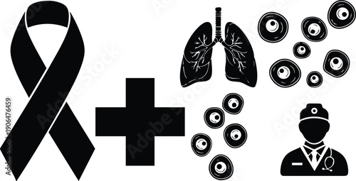 Flat design medical icons set showing black ribbon symbol cross lungs cancer cells and doctor figure in uniform for health awareness and diagnosis concept