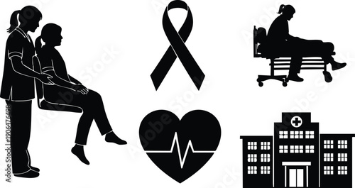 Silhouette healthcare vector symbols including nurse assisting patient sitting medical support icon heart with pulse ribbon awareness and hospital building black and white design