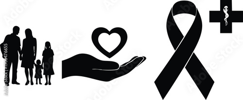 Vector art showing family silhouette holding hands heart symbol on hand care awareness ribbon and medical cross with snake symbol representing health and support concepts