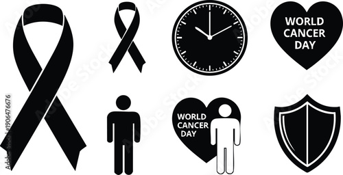 Black ribbon and clock symbol icons with human figure shield and world cancer day heart shapes in minimalist vector art style for cancer awareness support