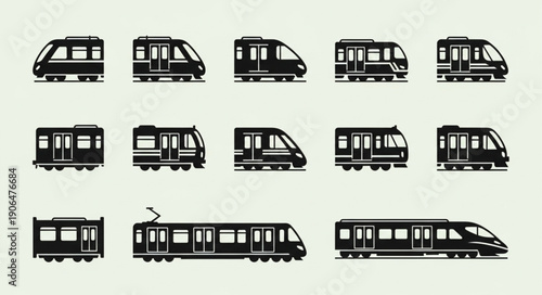 Collection of modern train silhouettes in black and white.