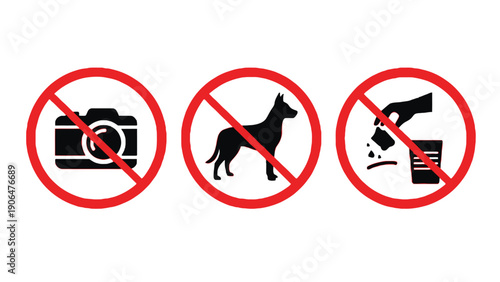 No photography, dogs, or eating allowed signs on white background