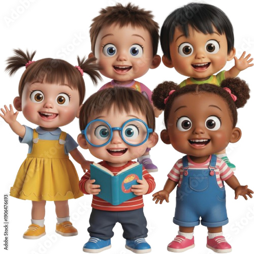 Diverse group of happy children playing and learning together