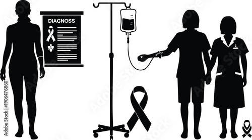 Silhouette vector art showing woman receiving medical infusion with nurse support and diagnostic poster emphasizing health awareness and treatment in healthcare theme