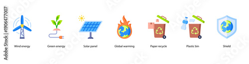 Renewable Energy web banner illustration featuring Wind energy, Green energy, Solar panel, Global warming, Paper recycle, Plastic bin, and Shield.