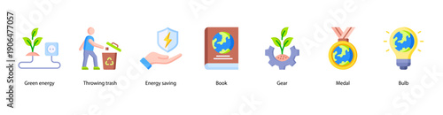 Eco Awareness web banner illustration featuring Green energy, Throwing trash, Energy saving, Book, Gear, Medal, and Bulb.
