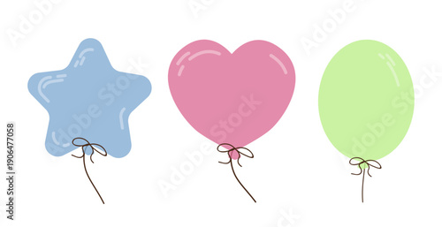Vector illustration of three vibrant balloons shaped as a star, heart, and oval. Each balloon is uniquely colored, featuring blue, pink, and green hues, combined with thin strings.
