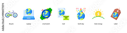 Eco Technology web banner illustration featuring Bicycle, Laptop, Smartwatch, Mail, Earth day, Solar energy, and Label.