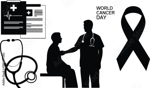 Silhouette of doctor comforting seated patient with medical documents stethoscope and black cancer awareness ribbon for world cancer day vector art health care concept