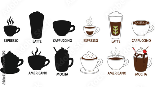 A variety of coffee drinks illustrated in silhouettes and colorful designs