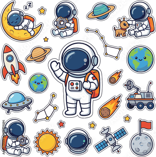 Cute Astronaut Vector Sticker. Friendly cartoon spaceman character in floating pose isolated.
