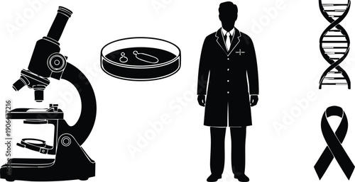 Black and white vector art of medical microscope petri dish scientist wearing lab coat standing next to dna strand and awareness ribbon symbols isolated design