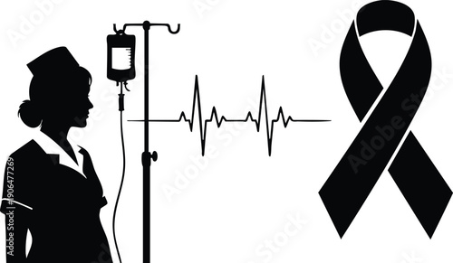 Silhouette of nurse standing beside intravenous drip with heartbeat line and black awareness ribbon symbol of health care loss and remembrance flat vector design