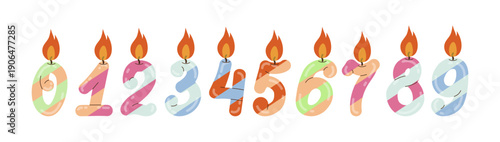 Vector illustration of colorful number candles from 0 to 9 with lit flames. Each candle is uniquely shaped and vibrant in color, perfect for birthday or celebration themes.