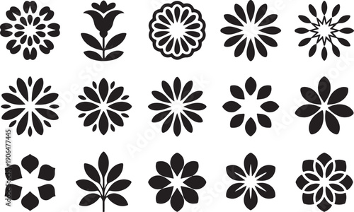 Assortment of black silhouette floral and botanical motifs in a grid layout flower plant