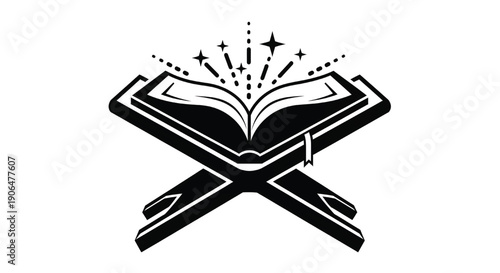 Open book with magic sparks in black and white minimalist illustration for publishing