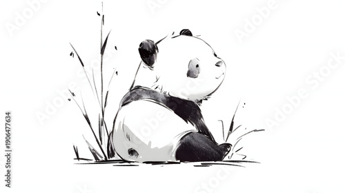 panda sitting black and white sketch