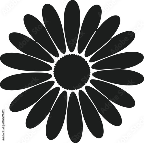 Black silhouette of a daisy flower with scalloped center and oval petals on a white background vector