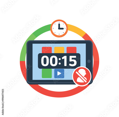 tablet with timer ring around screen device use countdown parental control clean shapes. colored flat icon vector illustration