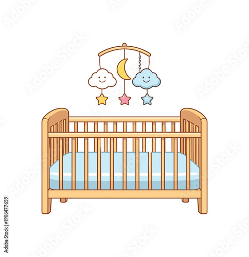 newborn crib with fitted sheet only and small cloud mobile above safe baby bed clean shapes. colored flat icon vector illustration