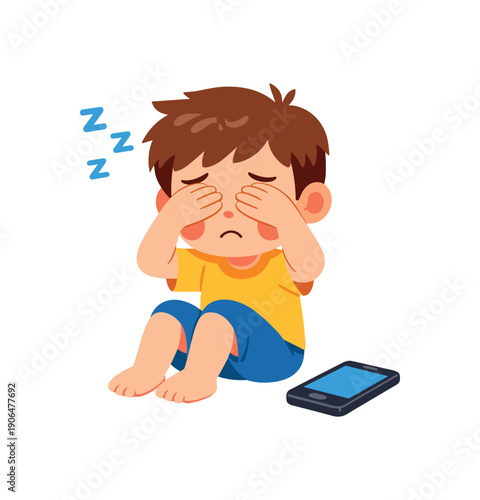 child covering eyes tired with phone on floor too much screen time fatigue clean shapes. colored flat icon vector illustration
