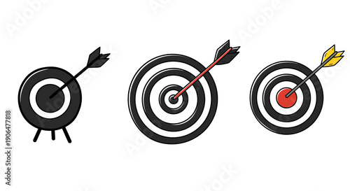 Collection of three target icons with arrows hitting the bullseye, representing accuracy and successful goal achievement in business and sports