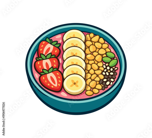 colored flat icon vector illustration smoothie bowl with strawberries banana flakes and seeds safe amount