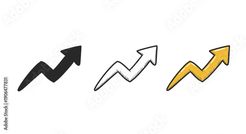 Set of three different stylized arrow icons representing growth, progress, and upward movement in a simple graphic style for diverse applications