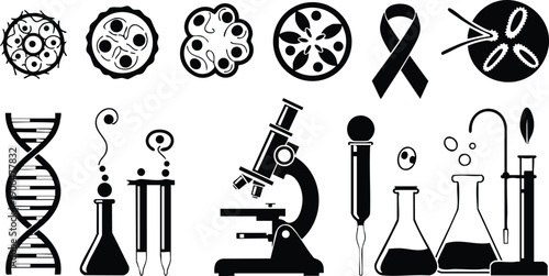 Black and white vector art of scientific laboratory equipment including microscope dna helix petri dishes pipette flasks and test tubes for biology research