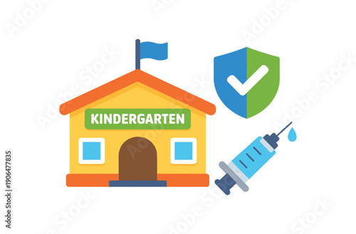colored flat icon vector illustration kindergarten building with shield and syringe sign entry vaccination policy icon flat on white background clean shapes