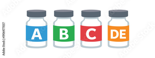 colored flat icon vector illustration row of vaccine vials with different letters on labels simple series representation flat on white background clean shapes