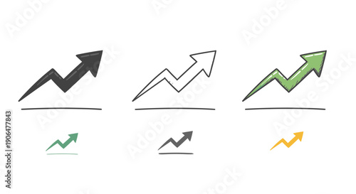 Three hand-drawn arrow graphs in different colors, illustrating upward trends and progress, presented against a clean white background