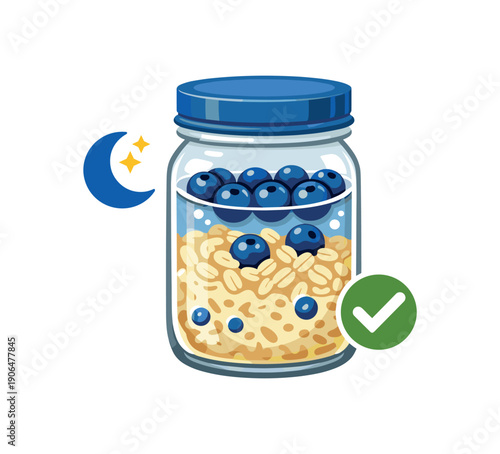 colored flat icon vector illustration oatmeal jar soaked overnight water with blueberries safe prep