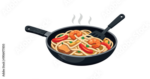 colored flat icon vector illustration stir fry pan icon with rice noodles bell pepper and protein no garlic