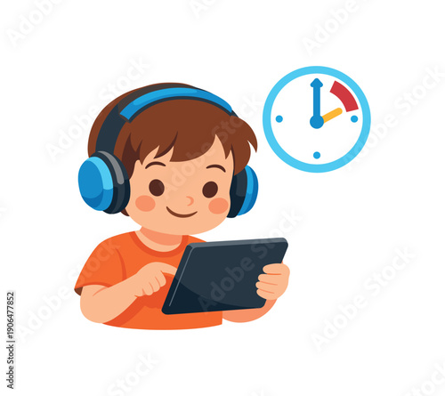 child with headphones using tablet small clock icon listening time limit clean shapes. colored flat icon vector illustration